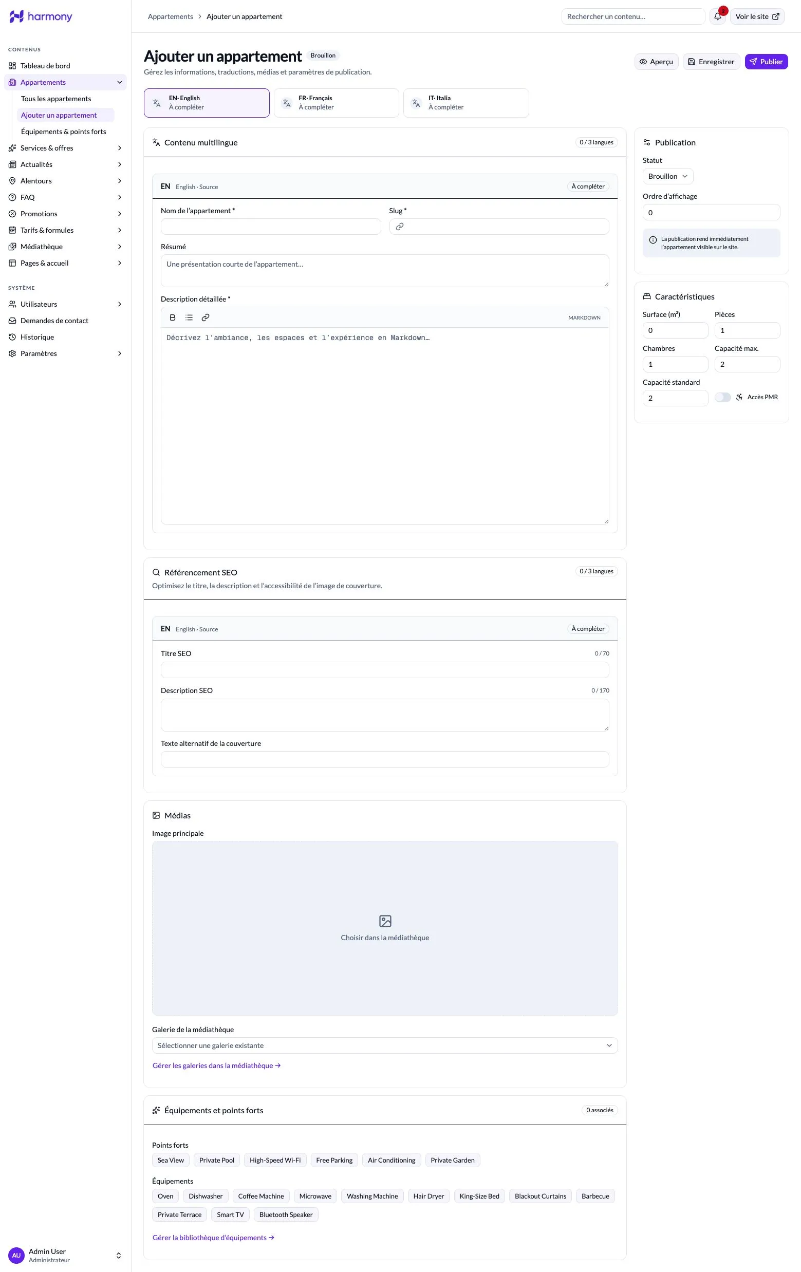 Formulaire de création d’un appartement et suivi des traductions