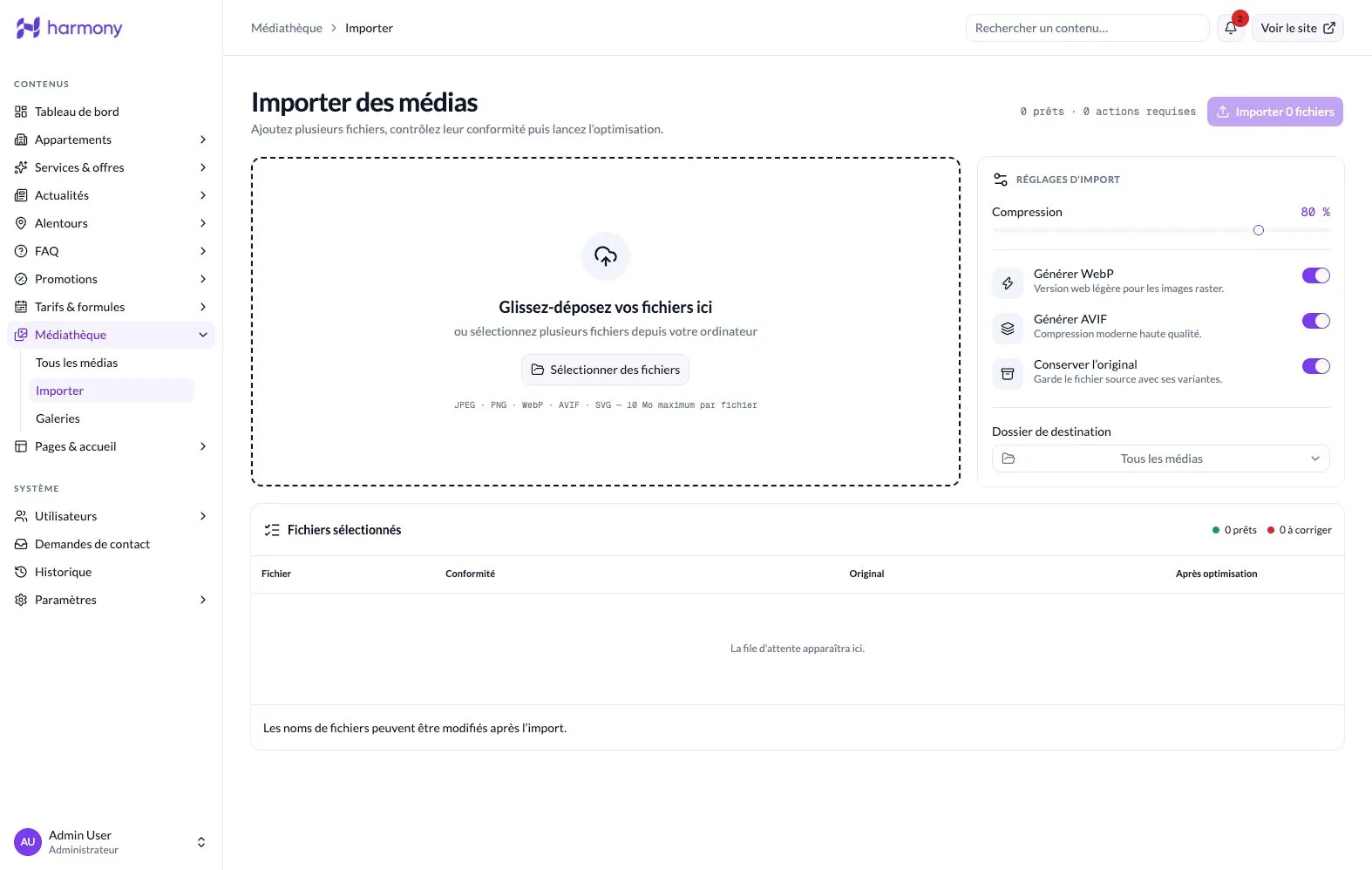 Écran d’import, formats acceptés et réglages d’optimisation