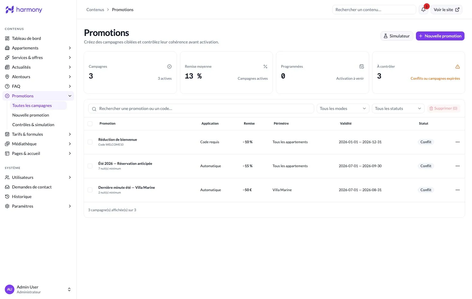 Liste des promotions avec leurs statuts et alertes de conflit